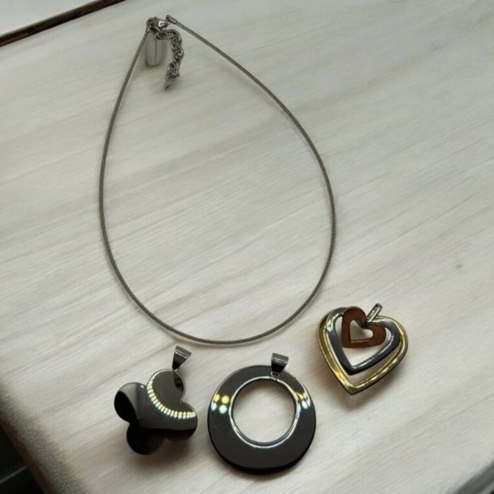 Milor Italy Steel by Design Set of 3 Pendants w Adjustable Necklace Heart Circle